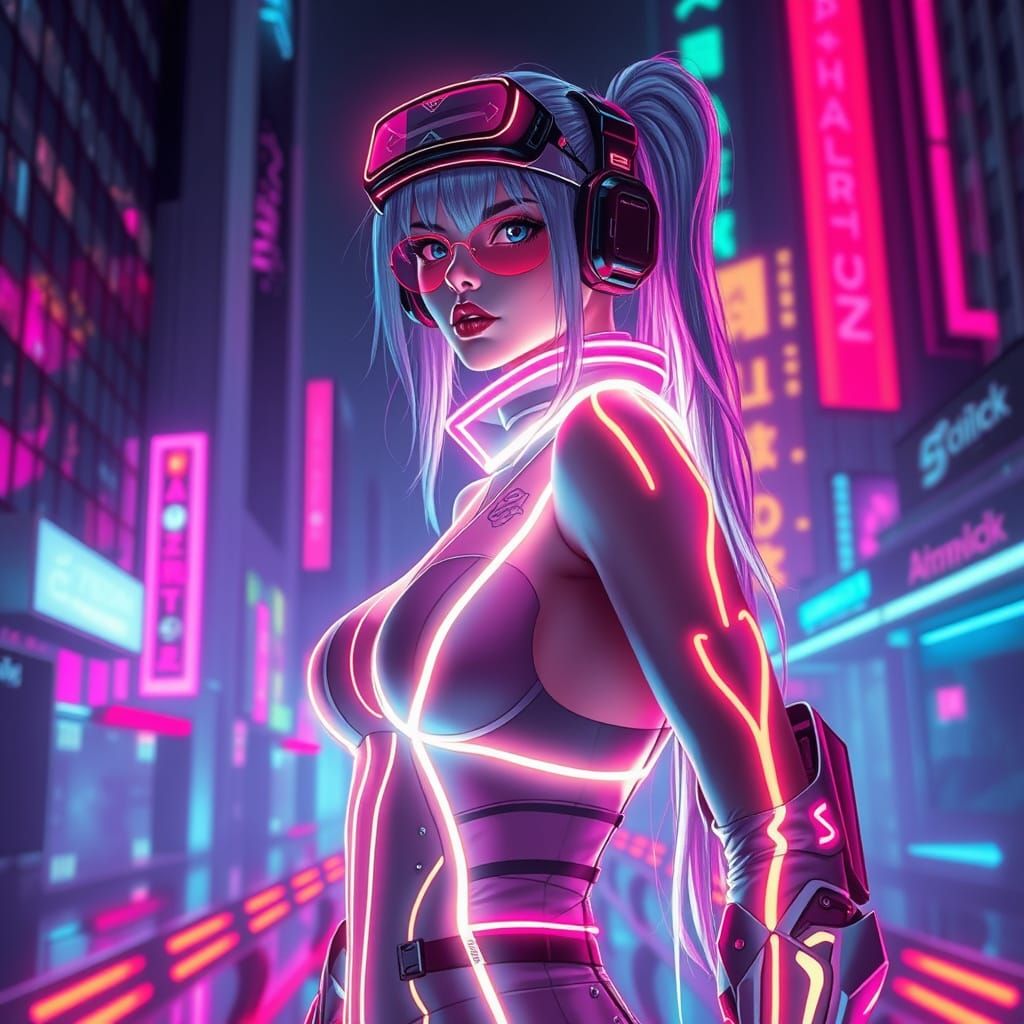 Neon Cyberpunk Woman in Futuristic Cityscape