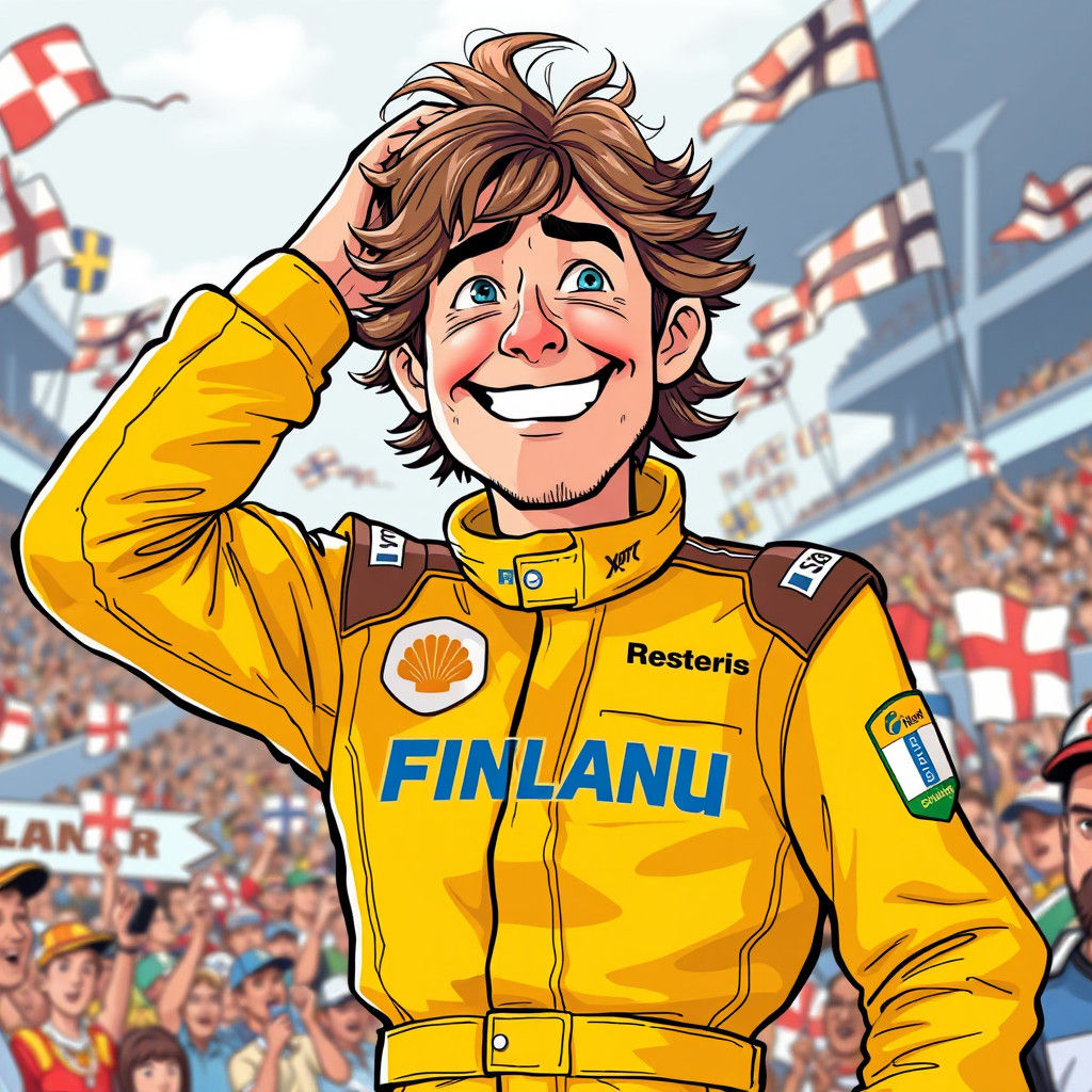 Finnish Racing Driver Victory in Ligne-Claire Style