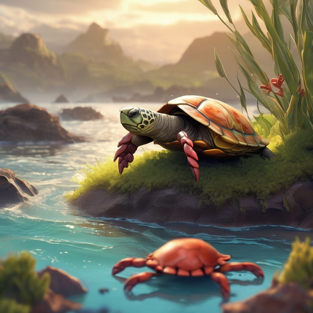 Cute Baby Turtle and Crab in Watercolor Style