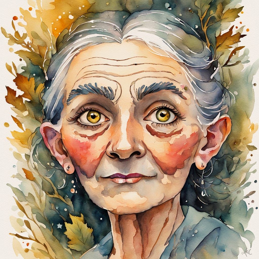 Enchanting Watercolor Portrait of a Wise Old Woman