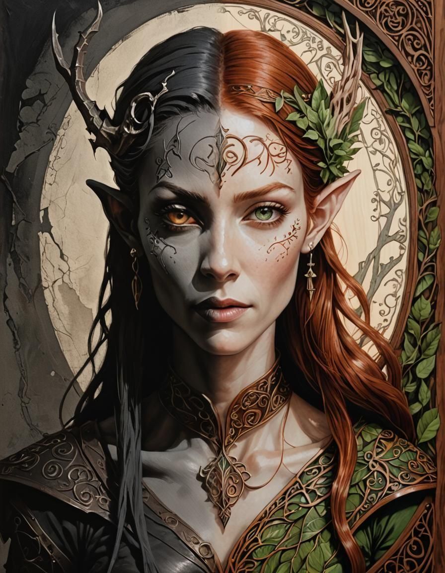 Armored Dark Elf Portrait with Ancient Runes