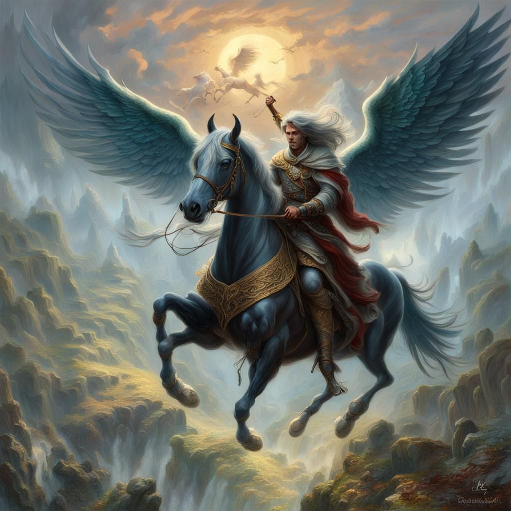 Winged Horse Rider in Tehran: Art Nouveau Fantasy