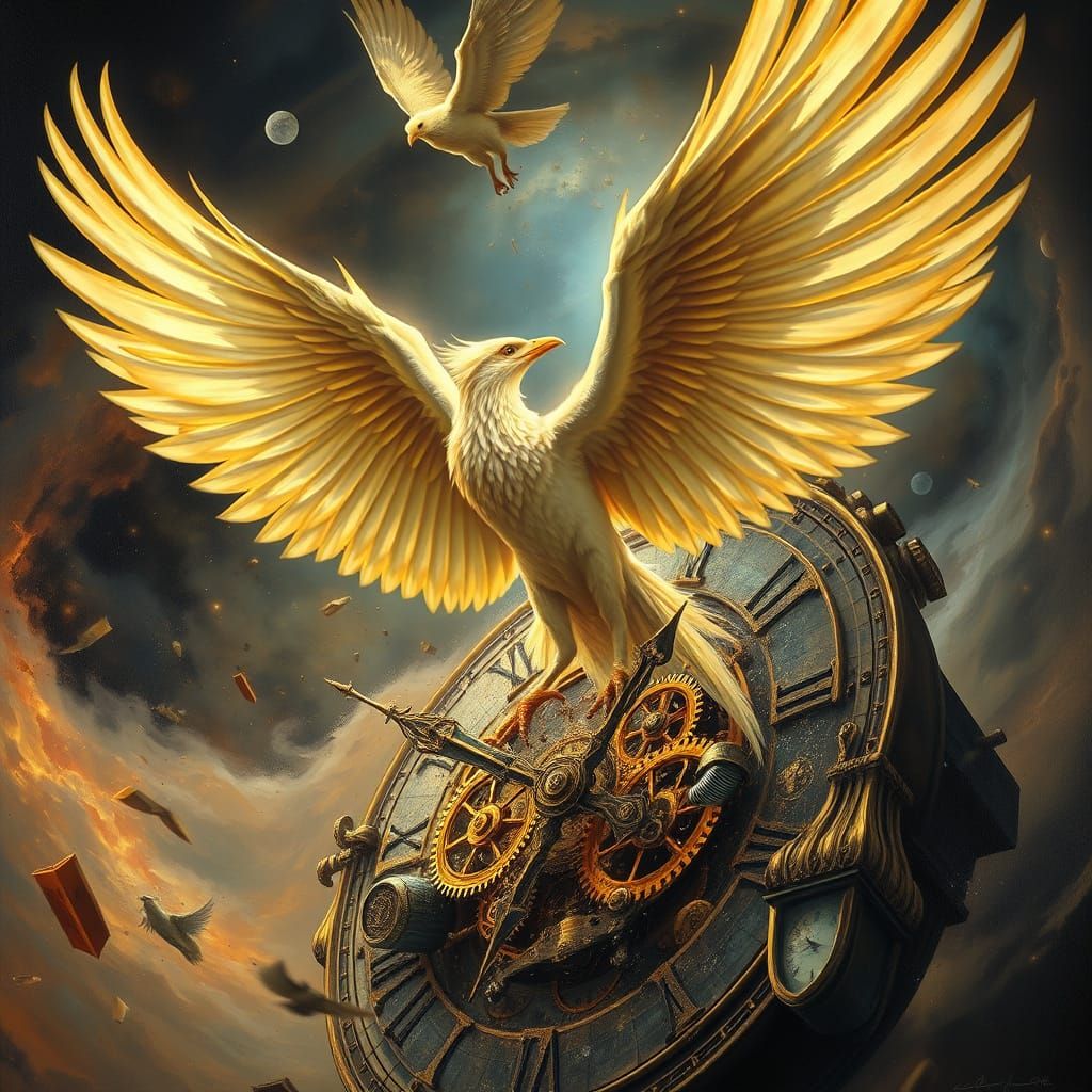 Phoenix Rises from Baroque Clock in Cosmic Vortex