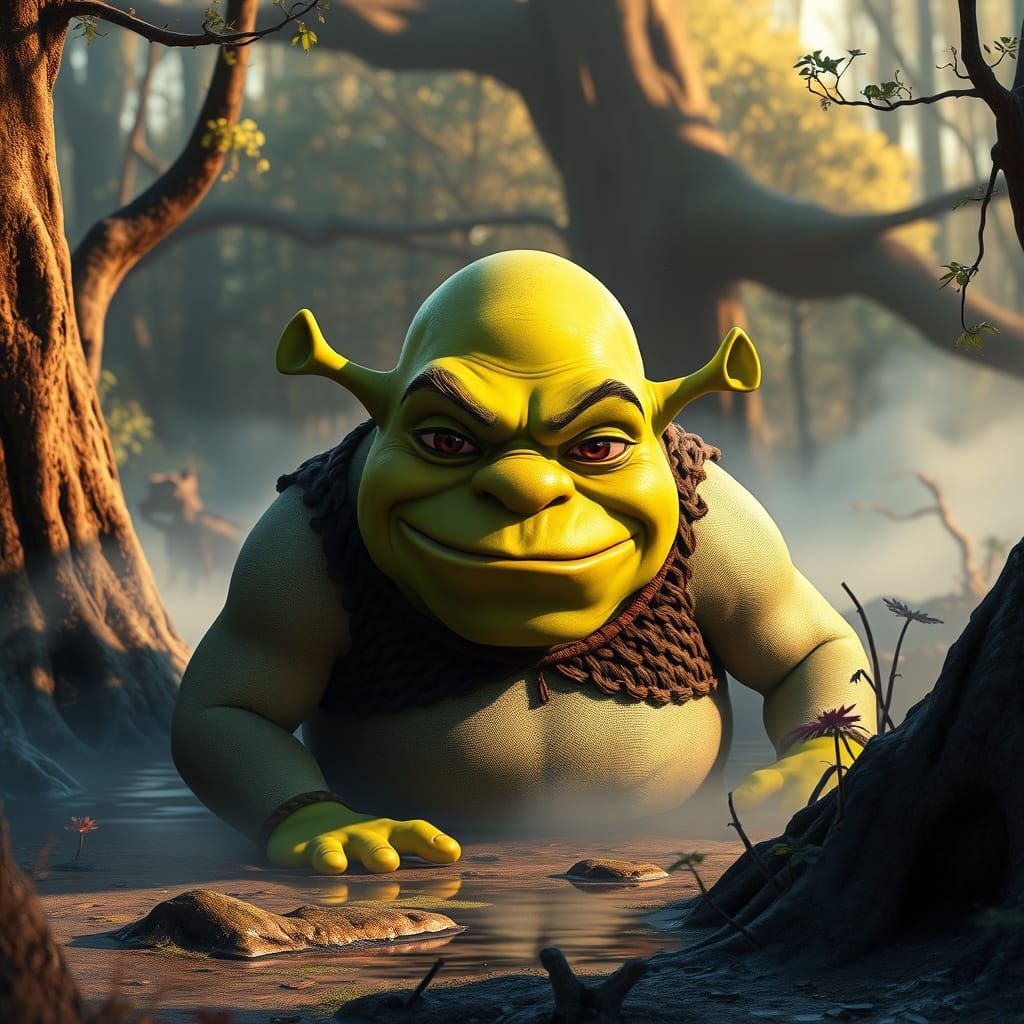 Fantastical Ogre in a Serene Swamp