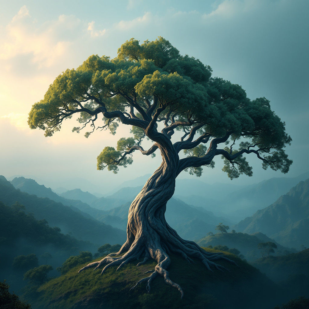 Mystical Platano Tree in Dreamlike Landscape