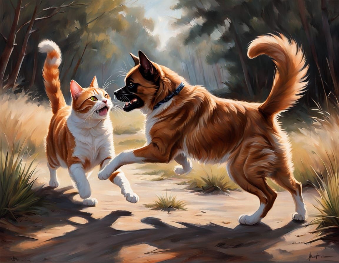 Cat and Dog Fight Oil Painting with Expressive Brushstrokes