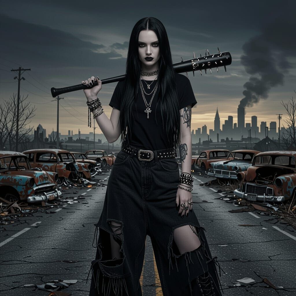 Gothic Woman With Baseball Bat in Post-Apocalyptic City