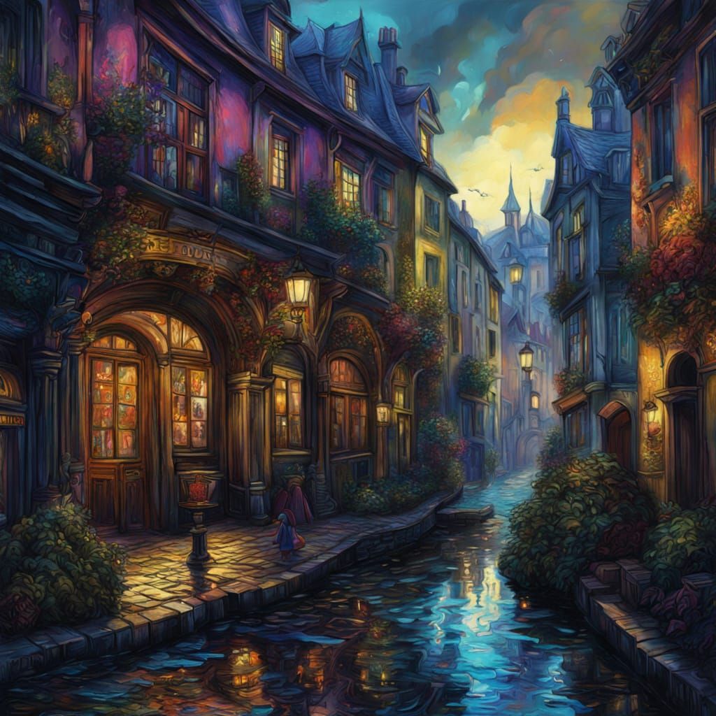 Fantastical Street Scene with Fountain in Expressionist Styl...