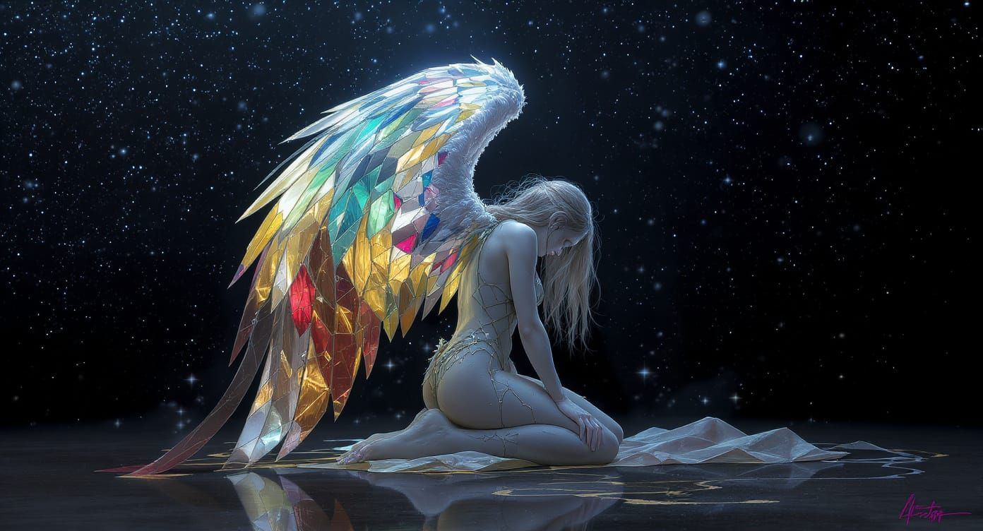 Fantasy Angel with Stained Glass Wings, Digital Illustration