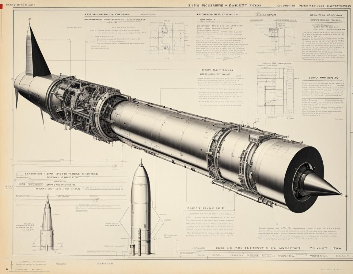 Engineering drawing of an 1955 rocket (include stark white paper, feature annotations, bold border right lower title blo...