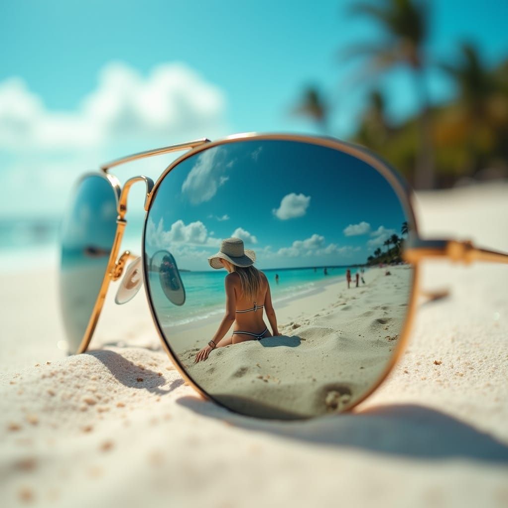 Macro Photo of Sunglasses Reflection on Beach