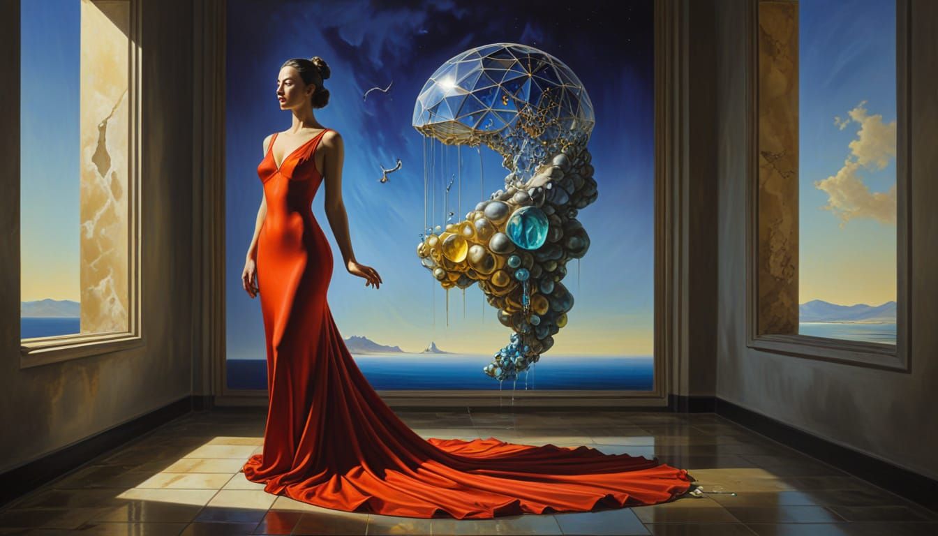 Woman in Radiant Stained-Glass Gown in Cathedral