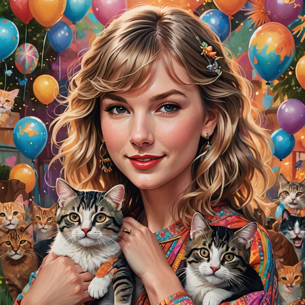 Taylor Swift Portrait with Cats in Splash Art Style