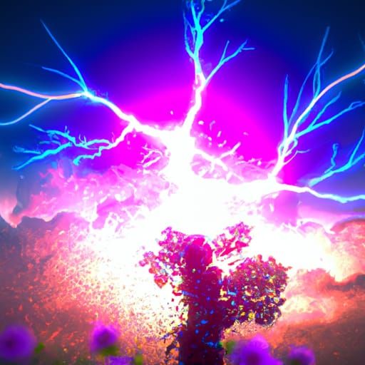Lightning Strike Ignites Tree in Vaporwave Style