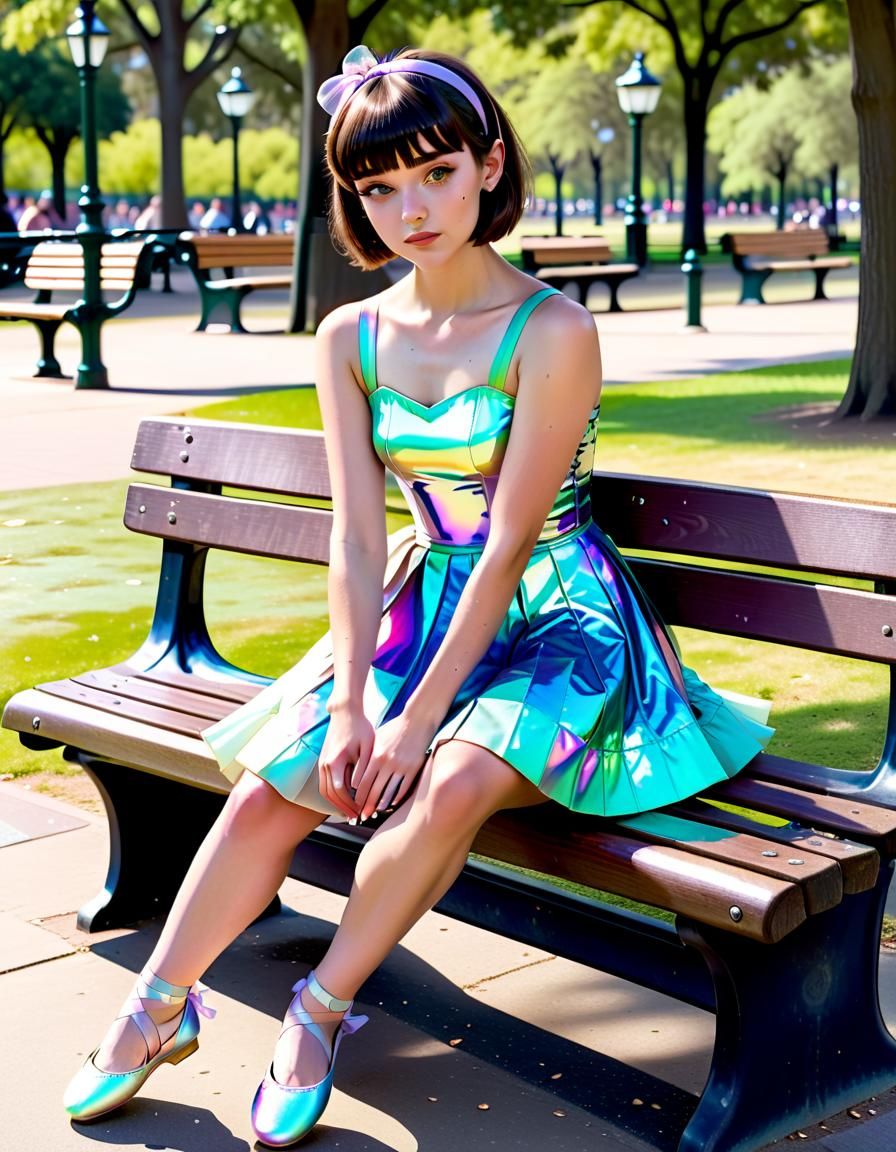 Young Woman in Iridescent Dress on Park Bench
