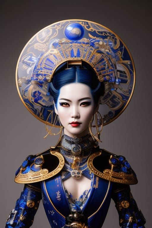Cyberpunk Porcelain Geisha Portrait: Detailed Digital Art