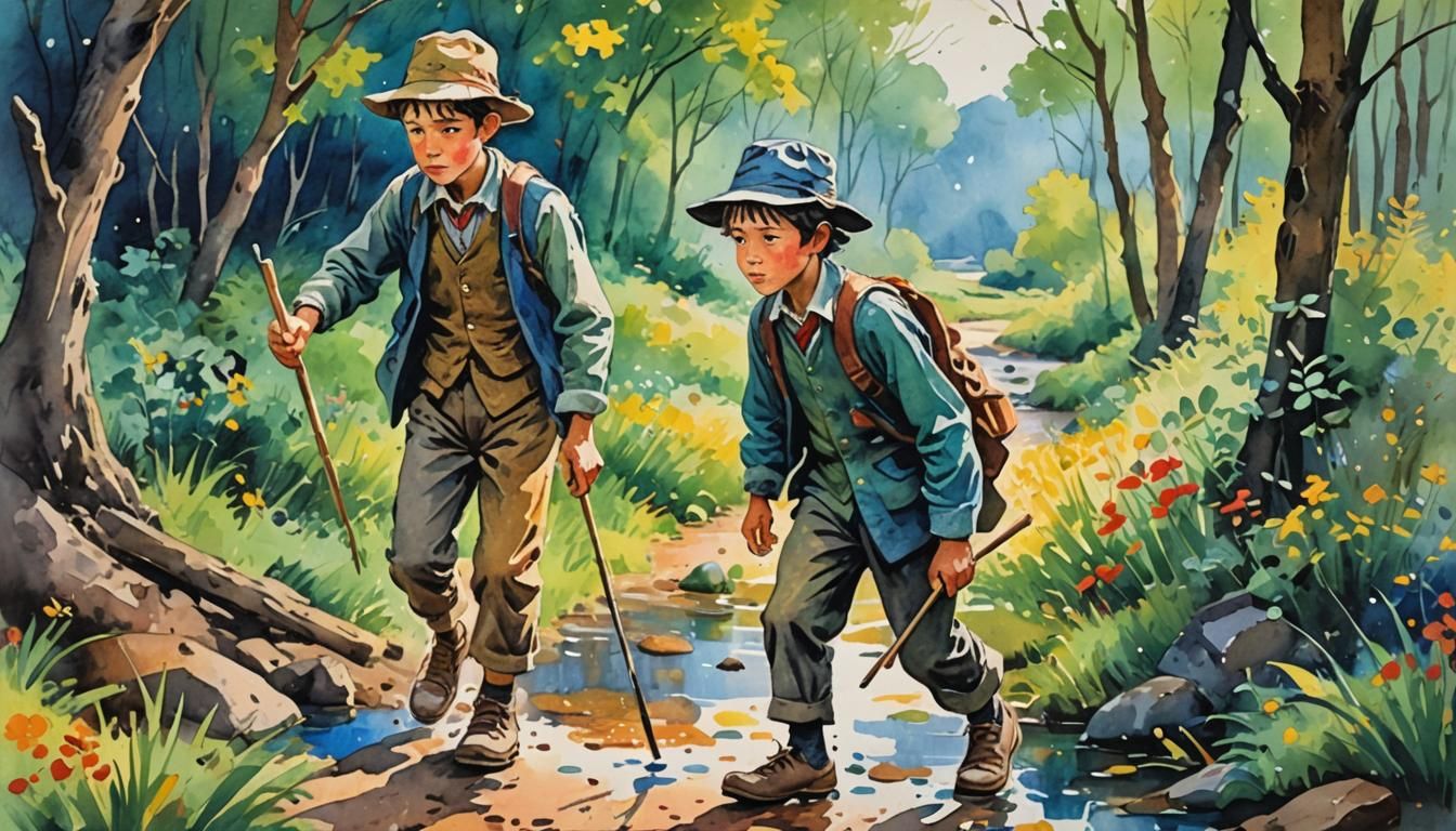 Ghibli-Style Tom Sawyer Cartoon in Gouache and Watercolor