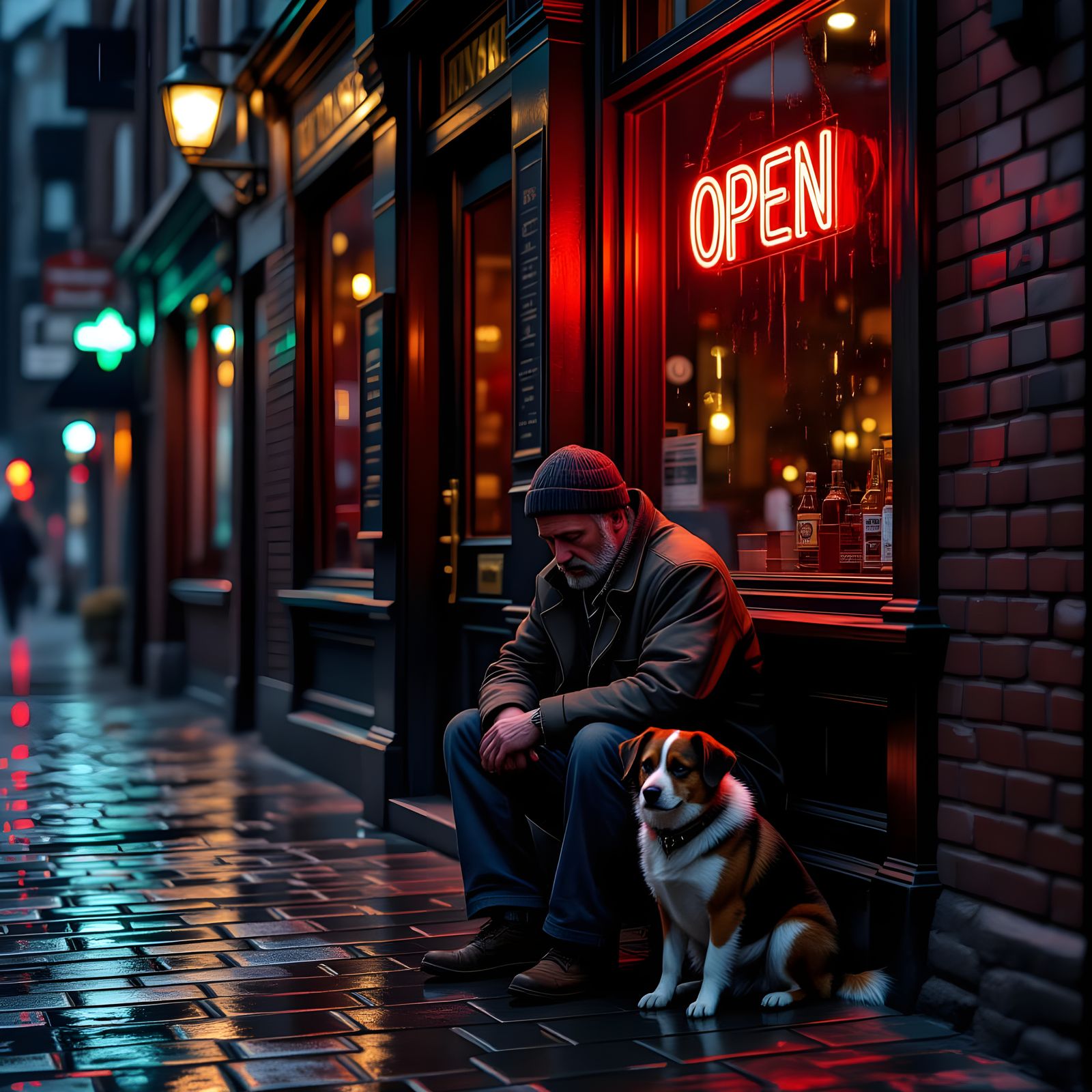Man Begging with Dog Outside Bar on Rainy Night