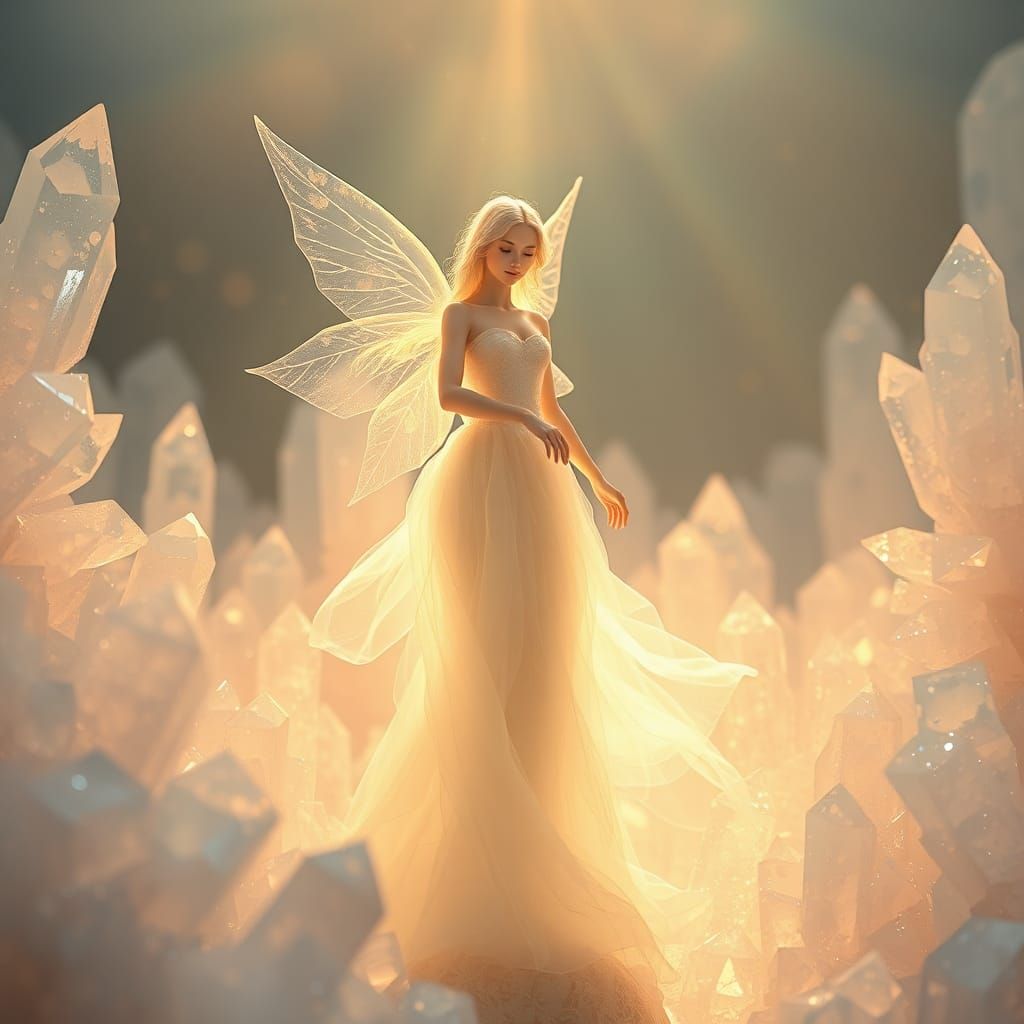Ethereal Angel in Prismatic Crystal Landscape