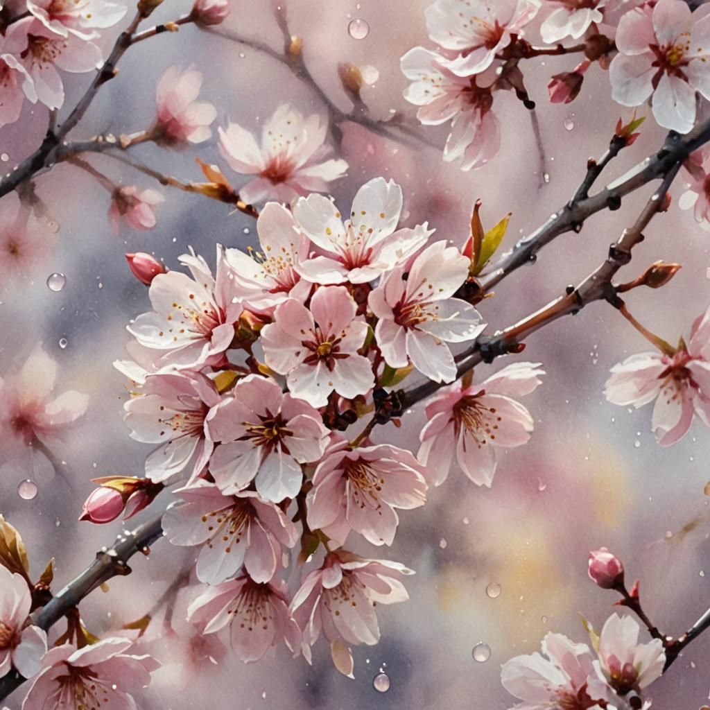 Cherry Blossoms with Dew: Watercolor Impressionism