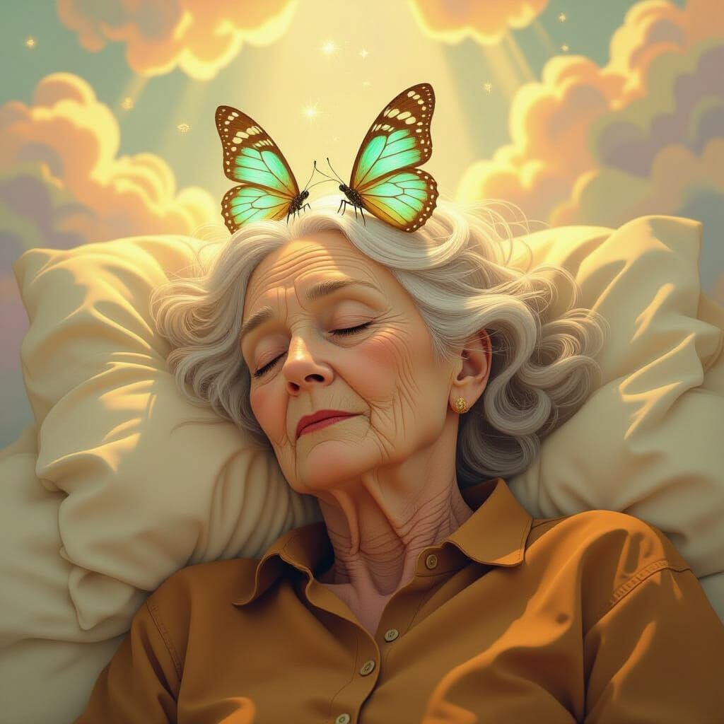 Bioluminescent Butterfly on Sleeping Woman, Dreamlike Art