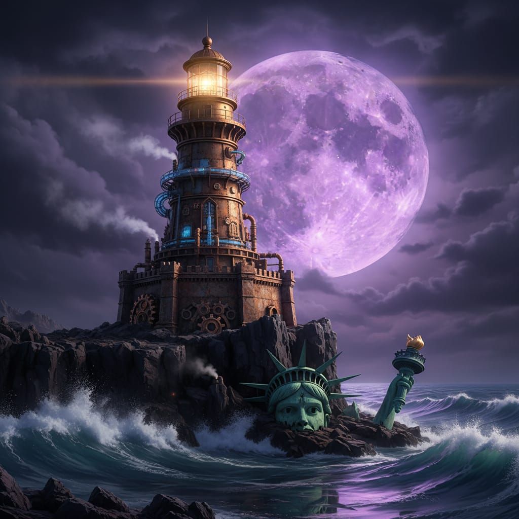 Steampunk Lighthouse on Volcanic Cliff in 8K