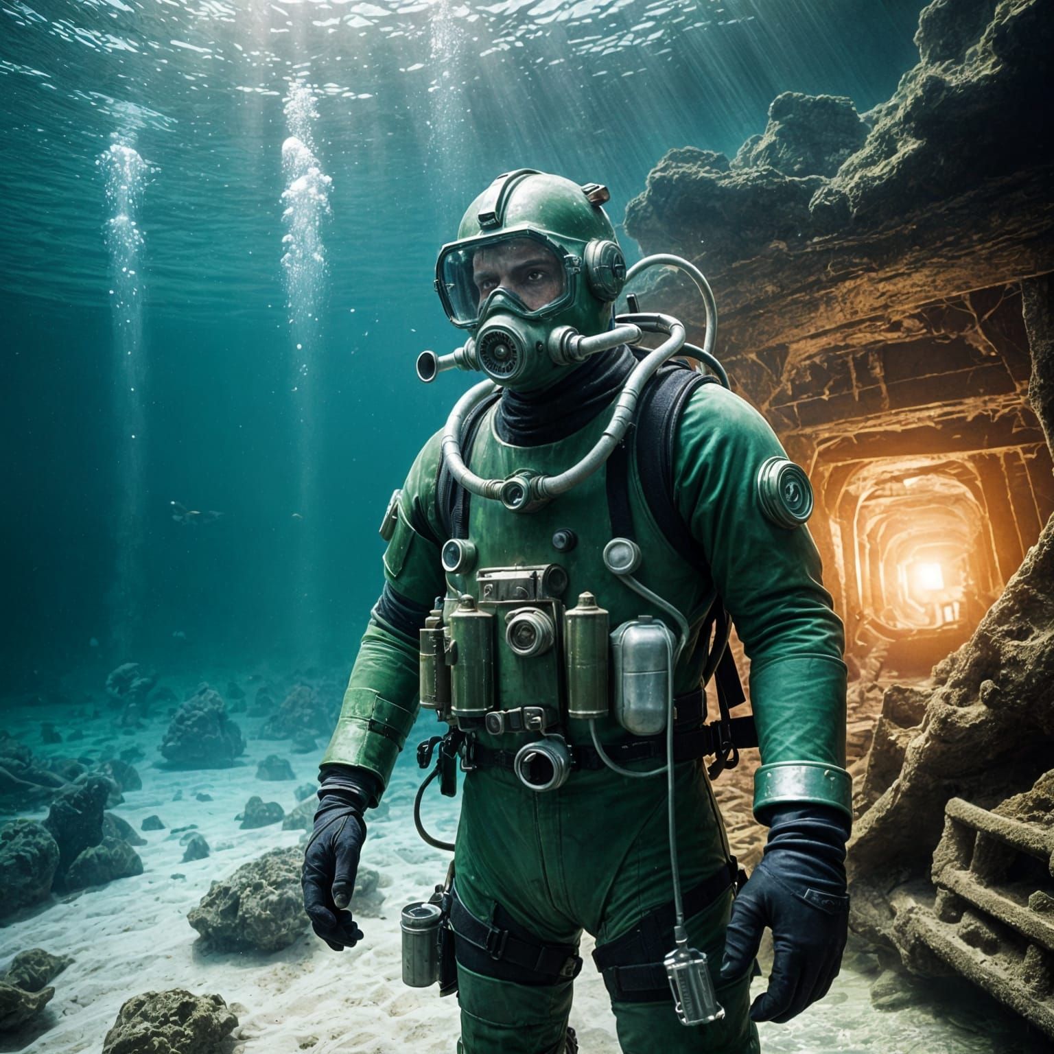 Green Armored Diver in Shipwreck, Vintage Film