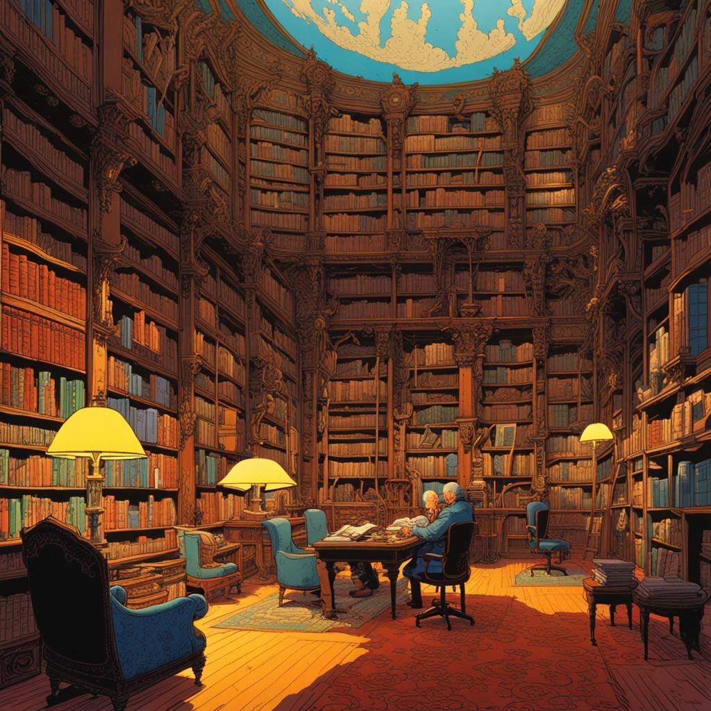 Grand Library in Ligne Claire Style