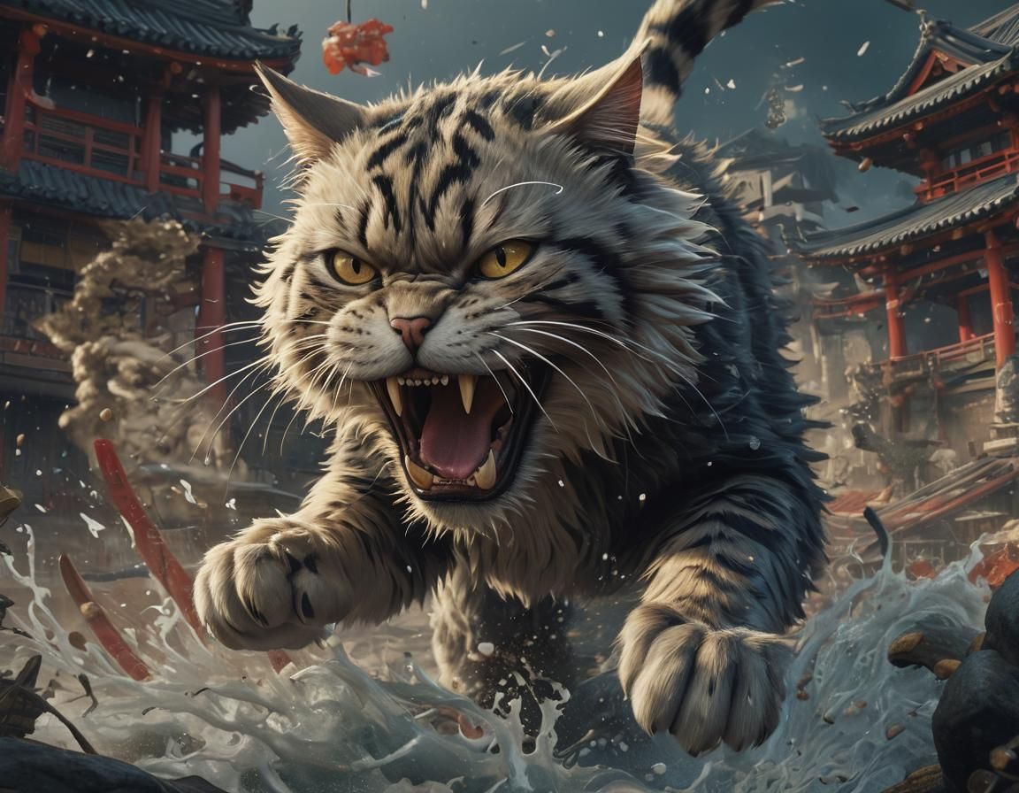 Ukiyo-e Style: Kitty Attack in Detailed Matte Painting