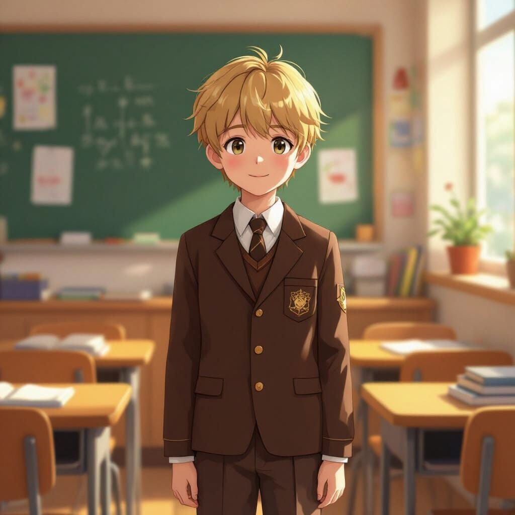 School Boy in Classroom, Illustration Inspired by Shinkai