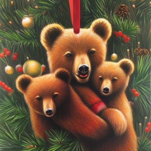 Three Bears Christmas Ornament in Oil Painting Style
