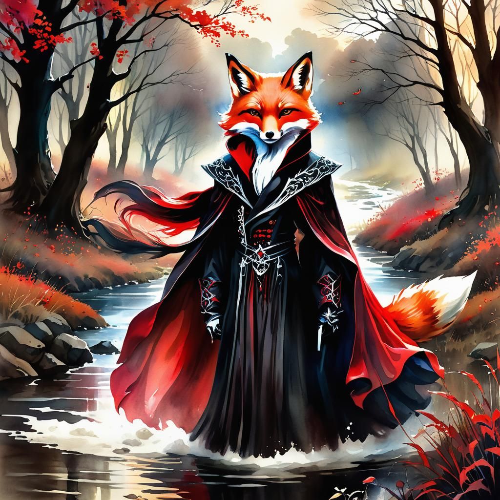 Sinister Fox Laughs in Gothic Watercolor Painting