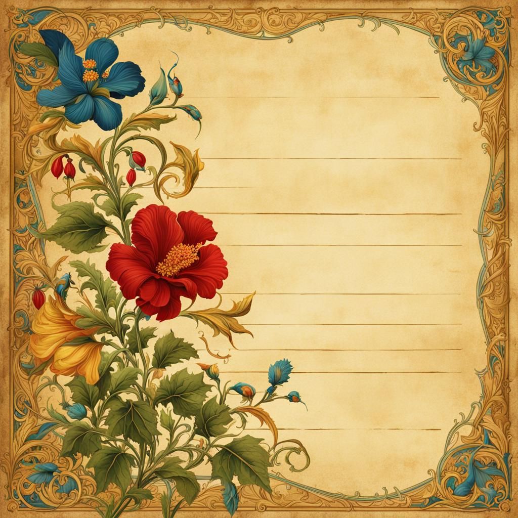 Illuminated Manuscript: Burned Parchment Page with Floral Bo...