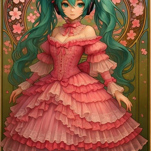 Hatsune Miku in Victorian Sakura Dress, Art Nouveau Style