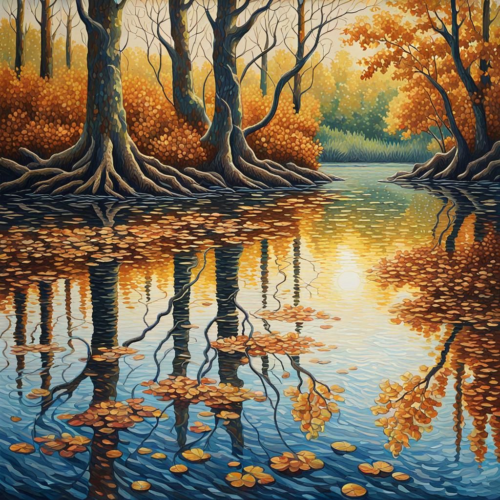 Pointillist Painting of Autumnal Trees by a Lake