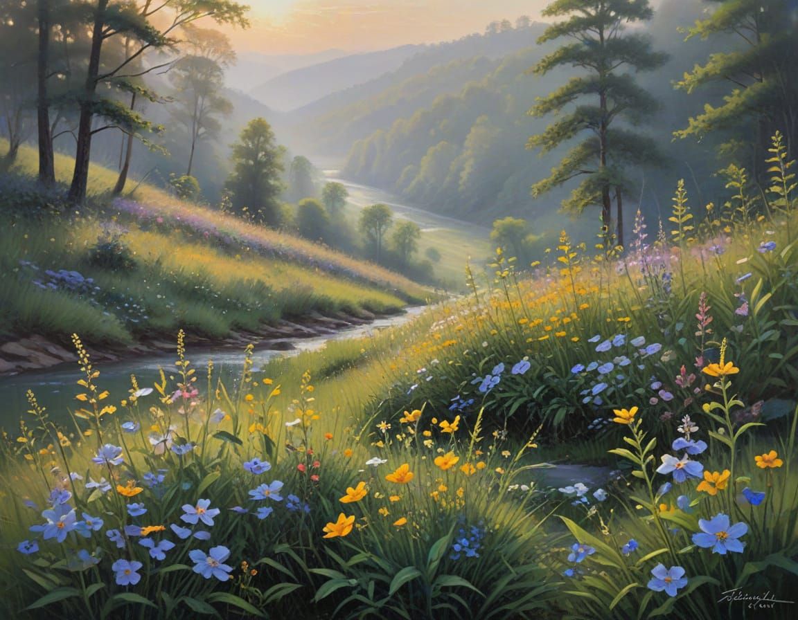 Appalachian Wildflowers at Dawn in Impressionist Style