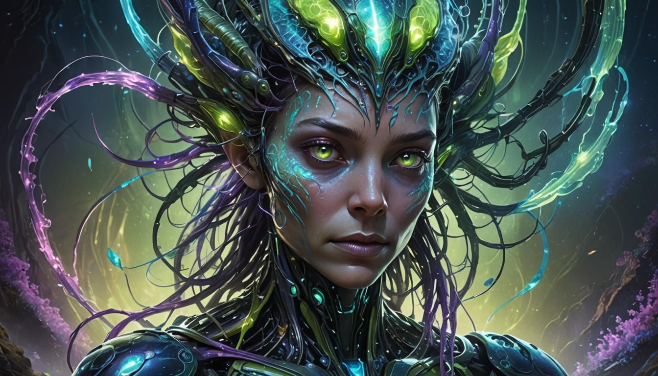 Bioluminescent Alien Gazing at Portal: Surreal Sci-Fi Art