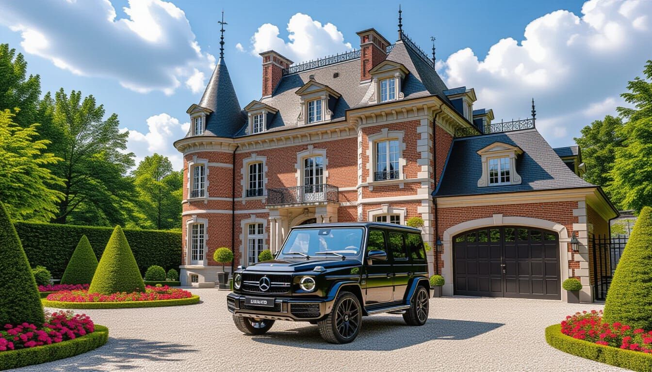 Brick Chateau with Mercedes AMG G 63 in Vibrant Garden
