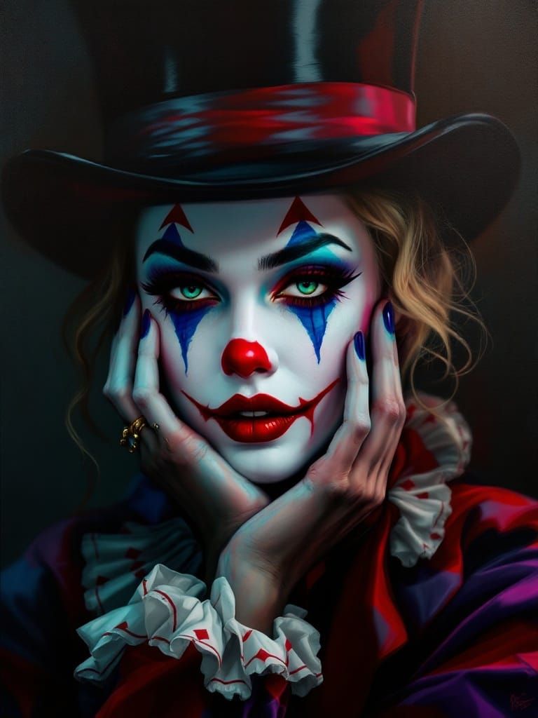 Elegant Clown in Colorful Makeup, Realism Painting