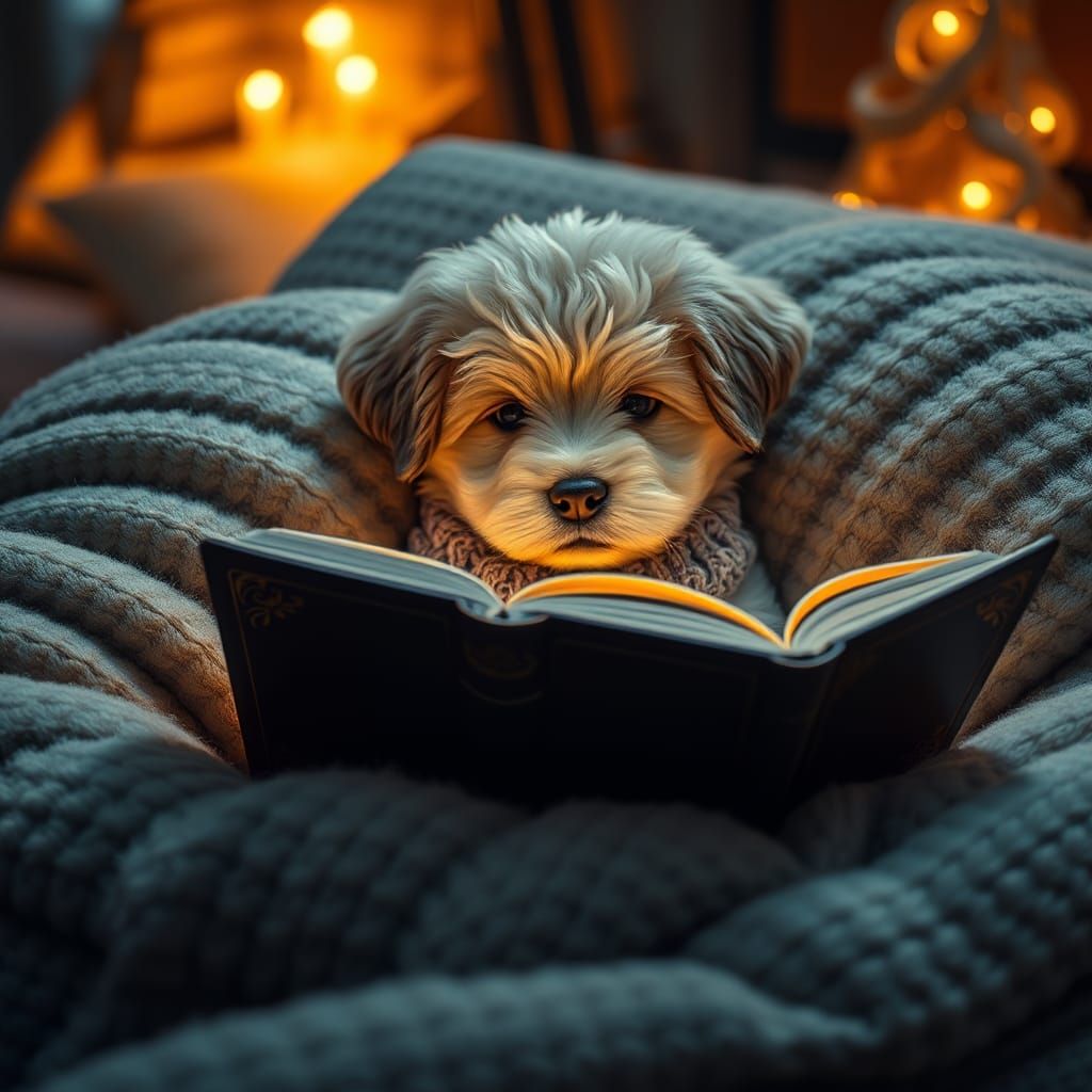 Cozy Puppy in Velvet Pile Reading Novel in Soft Pastel Hues