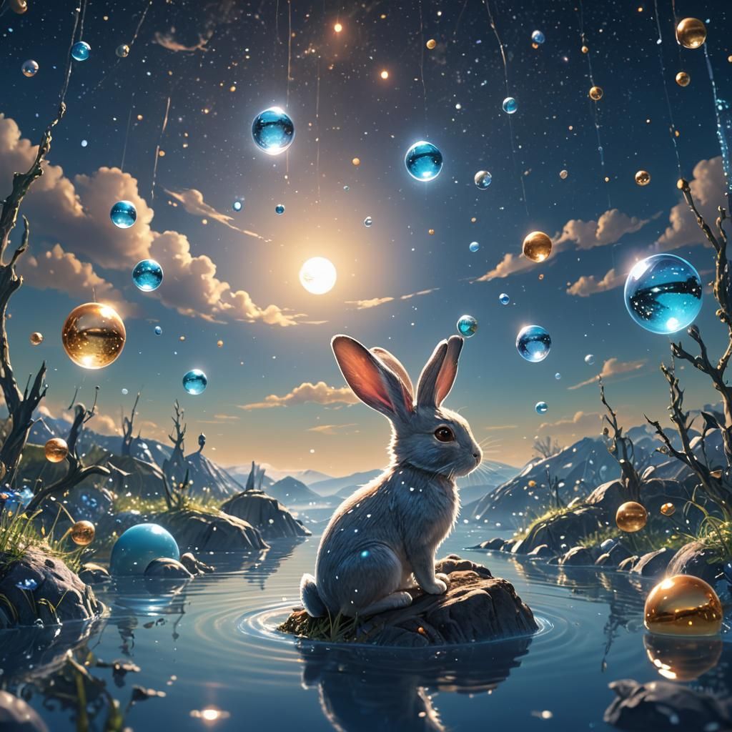 Planets in Water Droplets Watched by Blue Rabbit