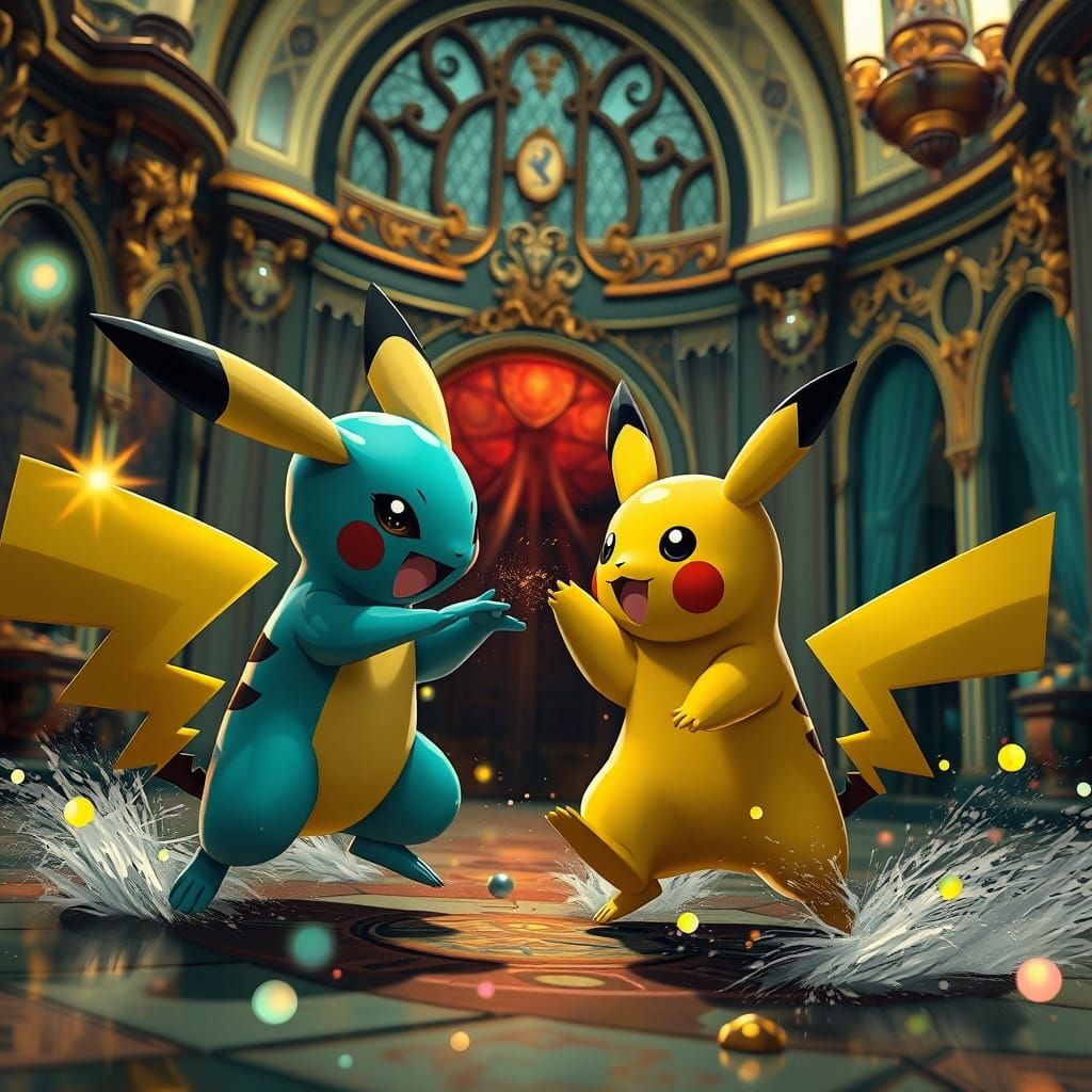 Digglet and Pikachu Battle in Ornate Setting