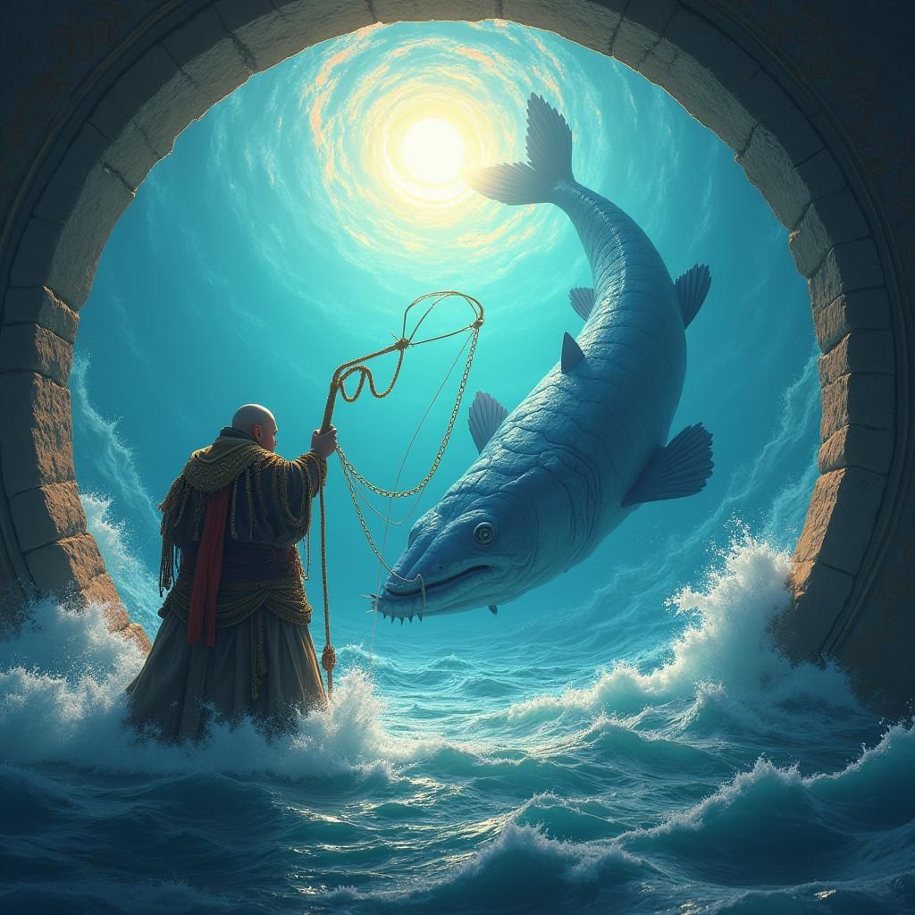 Fisherman Catching Colossal Sturgeon in Artstation Style