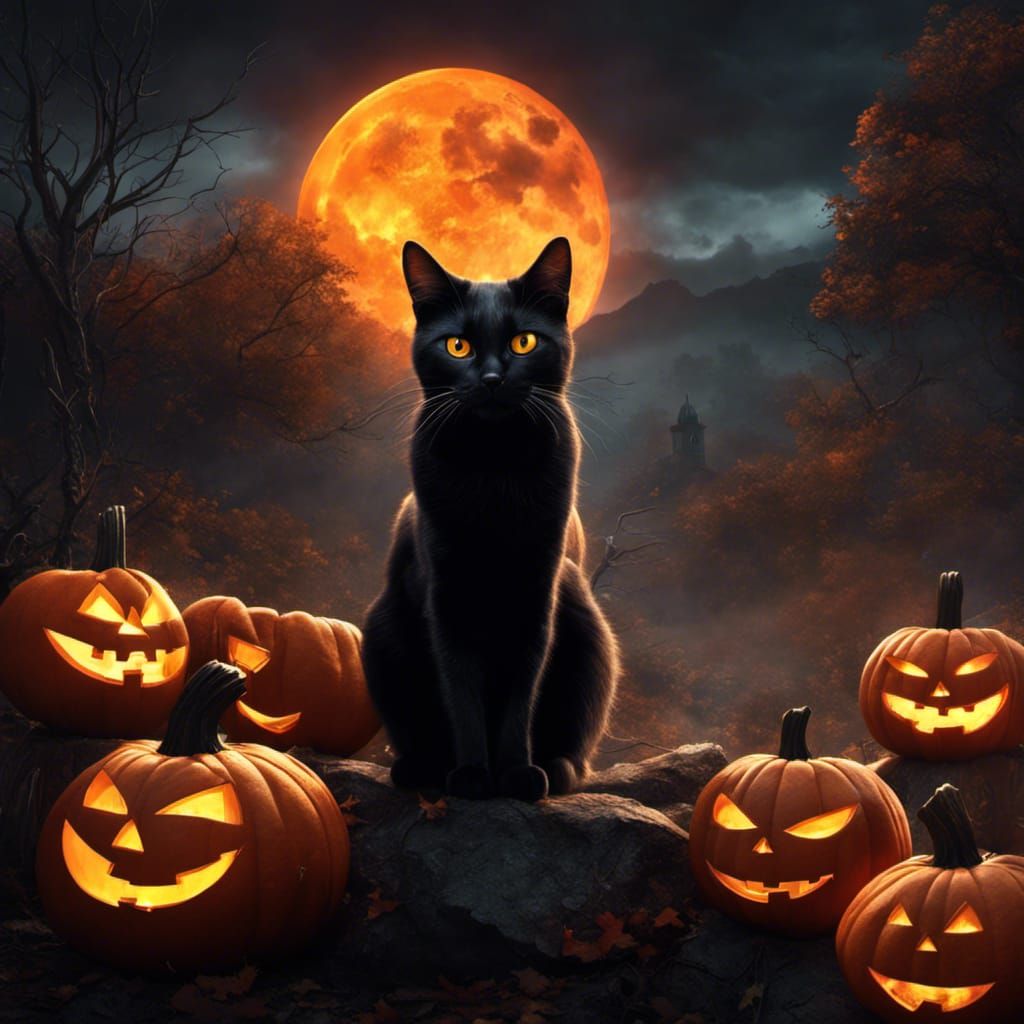 Black Cat with Halloween Pumpkin in Digital Painting