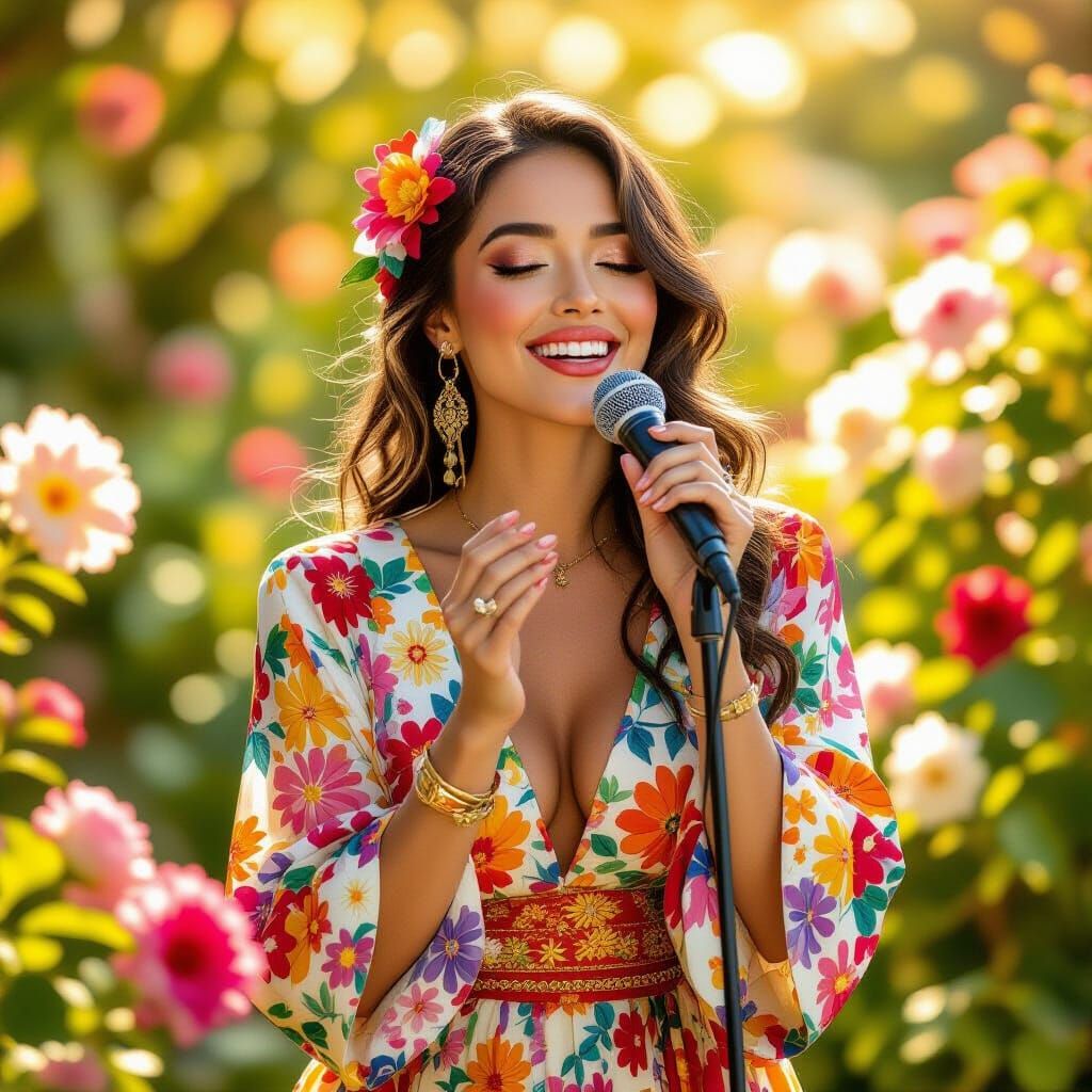Woman Singing in Lush Garden, Dreamy Whimsical Art