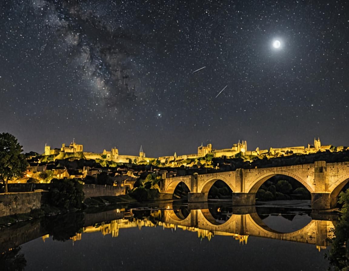 Cité de Carcassonne and Aude Bridge at Night