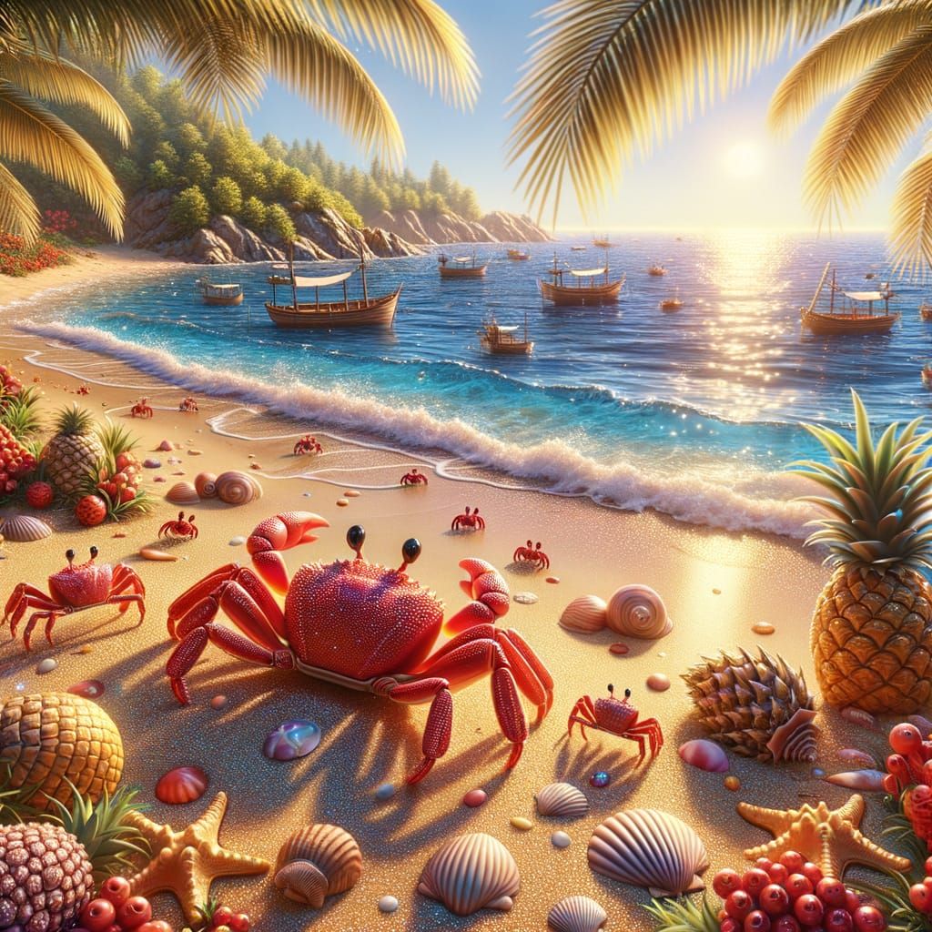 Beach Scene with Crabs, Pineapples and 3D Rendering