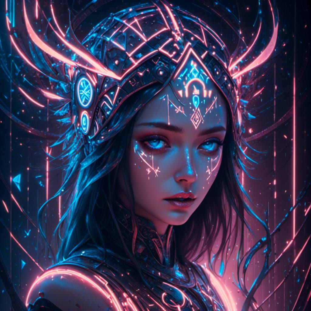 <lora:Glowing Runes:1.0> Tarot card, The_Star, TRON inspired...