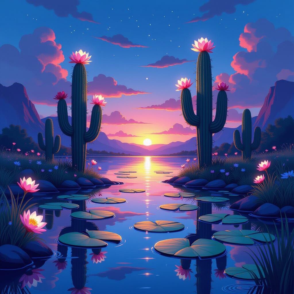 Surreal Cactus and Lily Pad Biome at Twilight