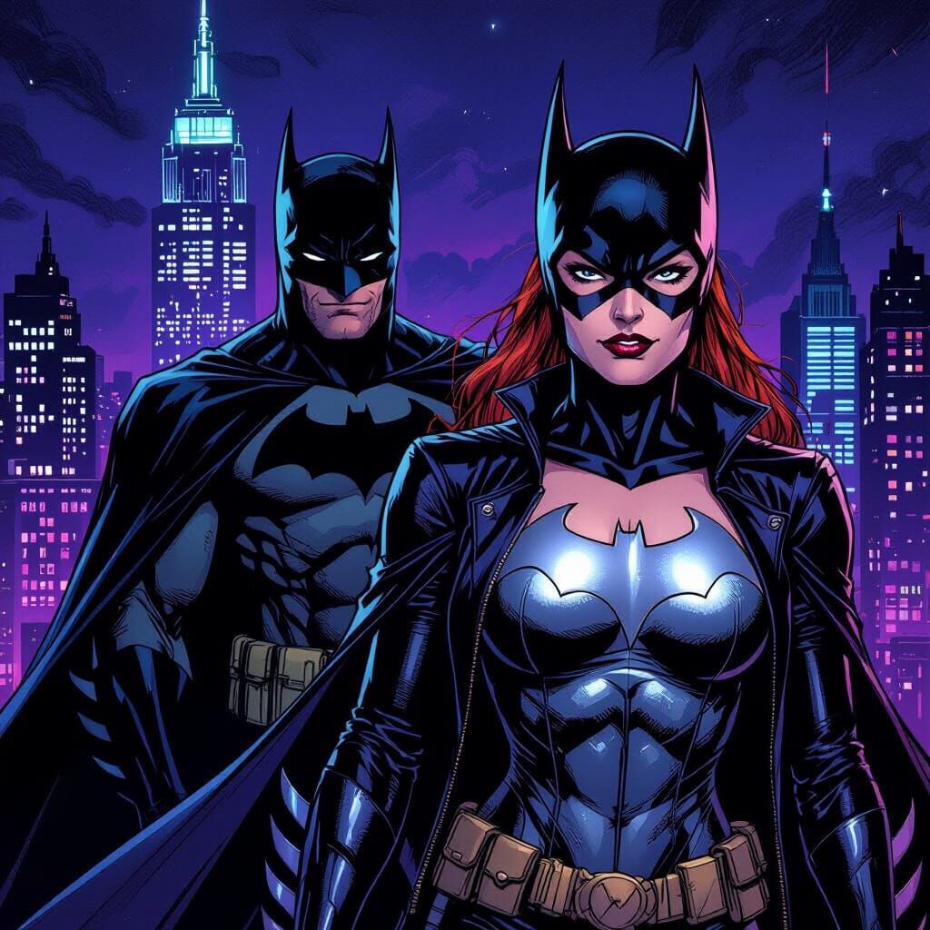 Batgirl and Batman in Neon Gotham City Art Style